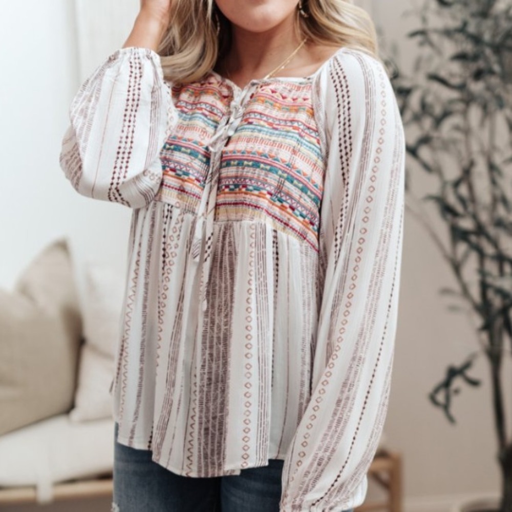 Savanna Jane Aztec Embroidered Western Boho Peasant Top Blouse